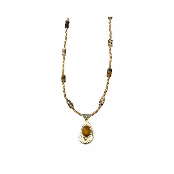 Faux Tiger Eye Pendant Beaded Necklace Personalized Collarbone Vintage Necklace - Picture 1 of 4